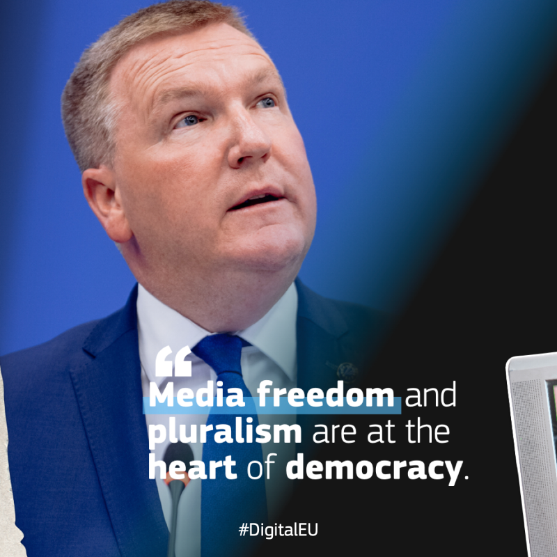 DigitalEU's tweet photo. 🇪🇺 “Media freedom and pluralism = heart of democracy.” 🇪🇺
 
The #EMFA started applying on 8 August, and as Commissioner @eucssrmcgrath says:
 
“The Act ensures journalists can work without interference or fear, while empowering citizens with trustworthy information.”