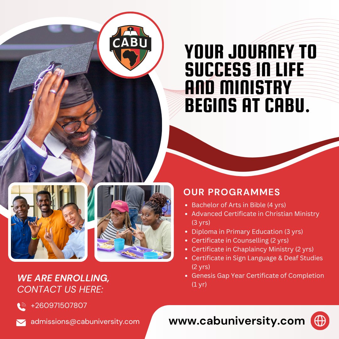 Ready to take the next step in your education? 🎓
At CABU, get a Christ-centered, high-quality, affordable education that equips you for life and purpose.

📞 +260 971 507 807
📧 admissions@cabuniversity.com
🌐 cabuniversity.com

#CABU #ChristCenteredEducation #EnrollNow