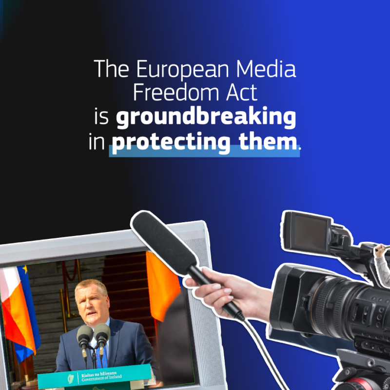 DigitalEU's tweet photo. 🇪🇺 “Media freedom and pluralism = heart of democracy.” 🇪🇺
 
The #EMFA started applying on 8 August, and as Commissioner @eucssrmcgrath says:
 
“The Act ensures journalists can work without interference or fear, while empowering citizens with trustworthy information.”