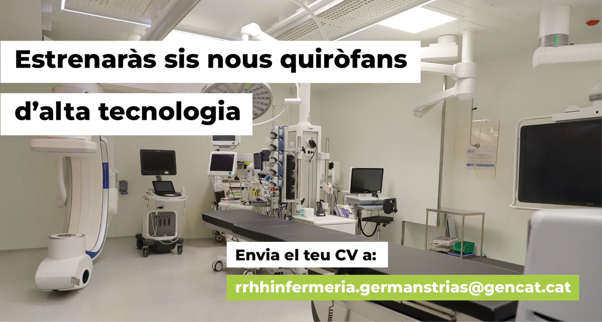 🆕 Aviat estrenarem sis nous quiròfans d’alta tecnologia

🔎 Ets infermera quirúrgica? Vols treballar-hi?

💪 Contribuiràs a l’excel·lència assistencial gràcies a cirurgia d’alta complexitat i tecnologia robòtica 

📩 Envia el teu CV a: rrhhinfermeria.germanstrias@gencat.cat