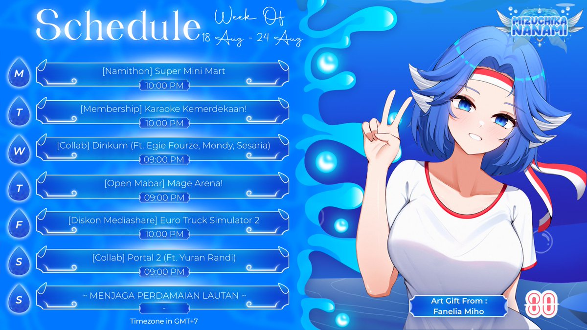 【SCHEDULE】

Schedule utk tanggal 18 -24 Agustus 2025!
Membership Karaoke stream akan open dual voice (Off Voice Changer khusus voice Mizudachi) ya!

P.S : Jadwal bisa berubah / batal apabila Nami ada keperluan lain!

See you in the next stream~

Youtube:
youtube.com/@MizuchikaNana…