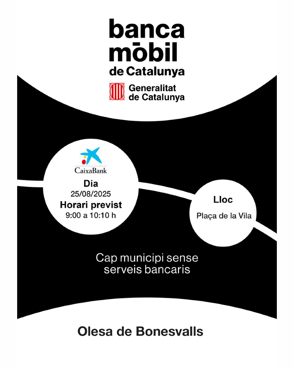 L'Ajuntament d'#OlesadeBonesvalls us informa de la data d'agost en què la #BancaMòbil serà al nostre municipi 🚌

Serveis que ofereix ⬇

Caixer automàtic 💶
Serveis bancaris d'oficina 🖊
Atenció personalitzada 👥

Atenció a la data, horari i ubicació que indica el cartell ▶