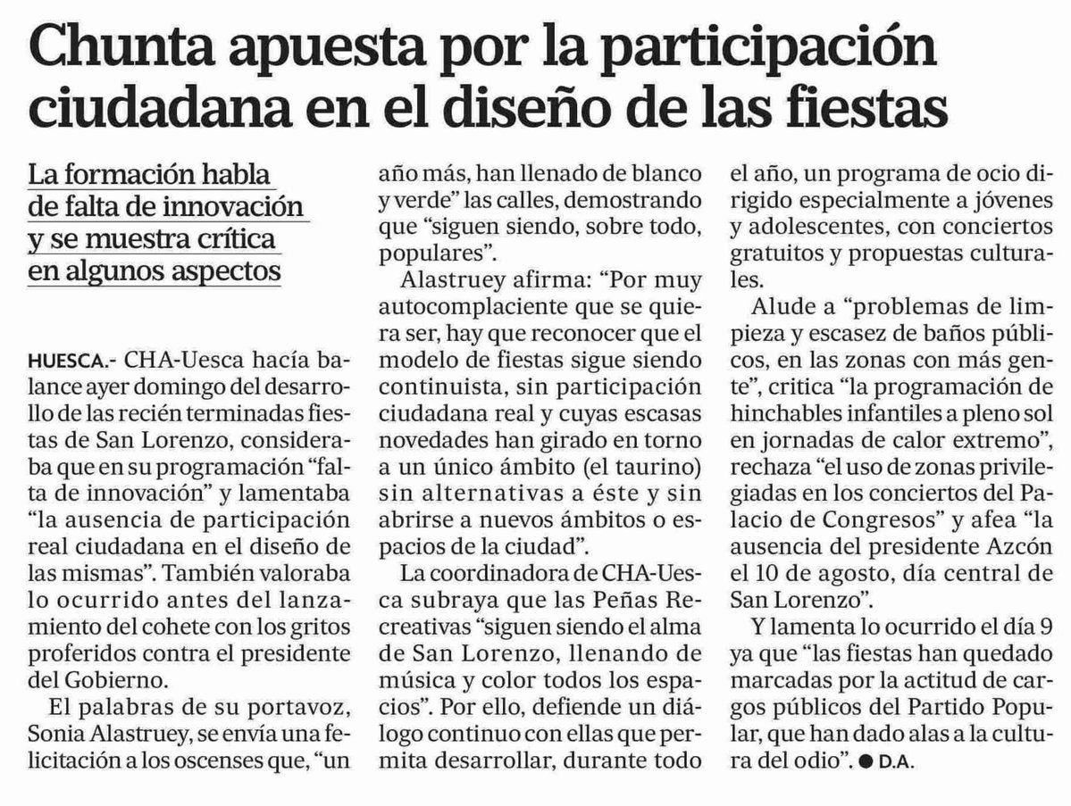 Chunta Aragonesista (@chunta) on Twitter photo 📰 <a href="/altoaragon/">Diario del Altoaragón</a>
🎉 Chunta apuesta por la participación ciudadana en el diseño de las fiestas
<a href="/sonialastruey/">Sonia Alastruey Alpín</a>: "El modelo de fiestas sigue siendo continuista, sin participación ciudadana real y cuyas escasas novedades han girado en torno a un único ámbito (el taurino)" 📰 <a href="/altoaragon/">Diario del Altoaragón</a>
🎉 Chunta apuesta por la participación ciudadana en el diseño de las fiestas
<a href="/sonialastruey/">Sonia Alastruey Alpín</a>: "El modelo de fiestas sigue siendo continuista, sin participación ciudadana real y cuyas escasas novedades han girado en torno a un único ámbito (el taurino)"