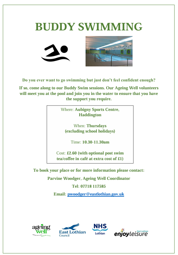 Buddy Swimming is for anyone who would like to swim but who have either lost their confidence, or perhaps due to ill health, are no longer able to swim on their own.

Are you wanting to get back in the water?

Sessions start back on Thurs 4th Sept.