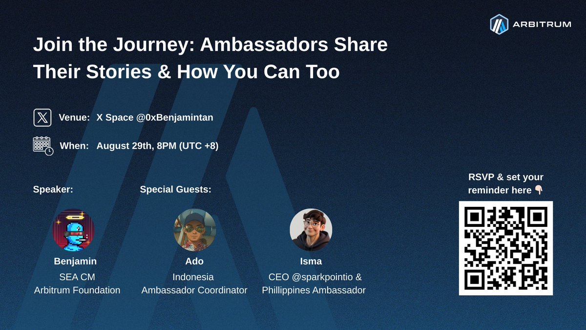 0xBenjamintan's tweet image. GM folks!
I will be hosting an X Space with @adodavinp (Indonesia Ambassador Coordinator) & @ismaeljerusalem (PH Ambassador) to talk all things @Arbitrum Ambassadors 🌍
We’ll cover:
> Their journey as an ambassador
> What makes a great ambassador
> Some tips on how to stand out…