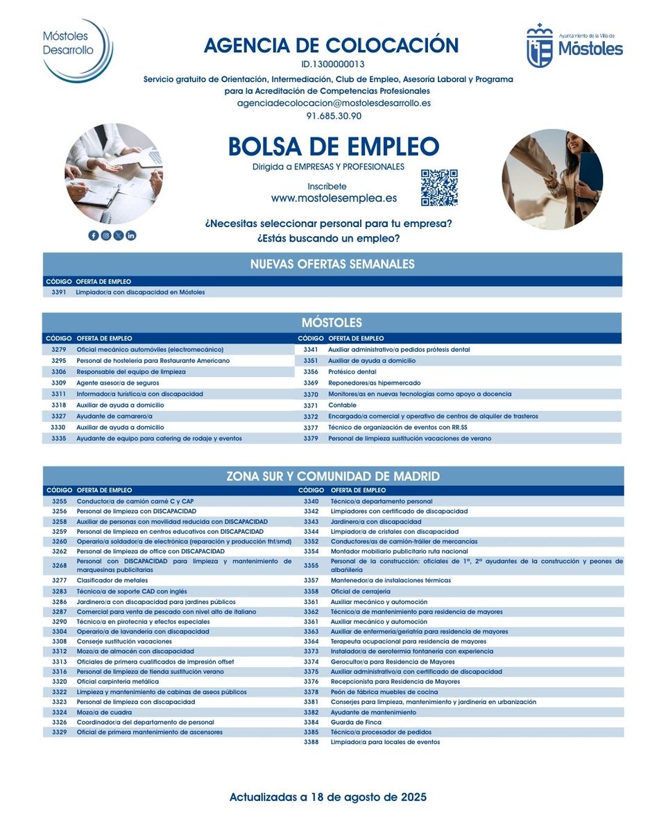 MÓSTOLES DESARROLLO (@mostdesarrollo) on Twitter photo Desde la Agencia de Colocación de Móstoles lanzamos un nuevo listado semanal con nuestras OFERTAS DE EMPLEO 💼.
📩 Si tienes dudas o necesitas ayuda escríbenos a: agenciadecolocacion@mostolesdesarrollo.es
Listado actualizado a 18 de agosto.
#EmpleoMóstoles #OfertasDeVerano Desde la Agencia de Colocación de Móstoles lanzamos un nuevo listado semanal con nuestras OFERTAS DE EMPLEO 💼.
📩 Si tienes dudas o necesitas ayuda escríbenos a: agenciadecolocacion@mostolesdesarrollo.es
Listado actualizado a 18 de agosto.
#EmpleoMóstoles #OfertasDeVerano