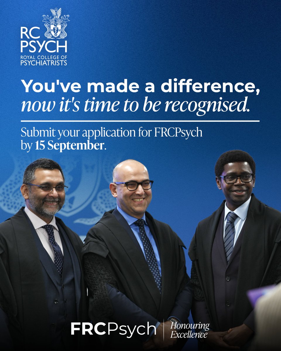 Applications for RCPsych Fellowship are now open!

If you’ve been a Member (MRCPsych) for 10+ years and have made significant contributions to psychiatry, this is your moment.

Apply by 15 September to be considered for this prestigious recognition.

rcpsych.ac.uk/members/member…