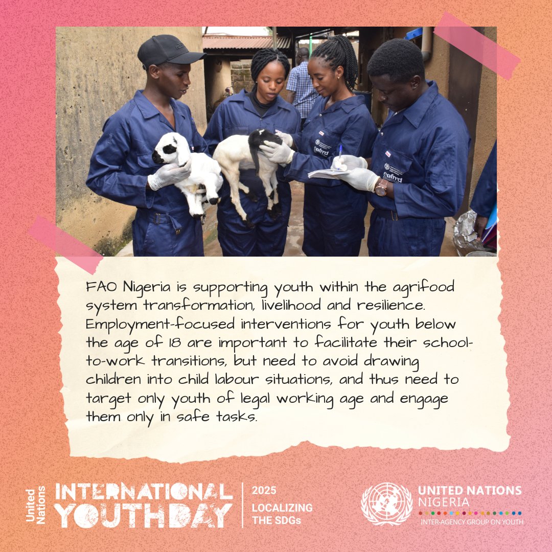 As one UN for youth, UN Inter-Agency Group on Youth(#UNIAGY) unites agencies to drive youth empowerment in Nigeria 🇳🇬

In celebration of #IYD2025, hear from our youth focal point from <a href="/FAONigeria/">FAO Nigeria</a> and explore how they engage with young people – check out the cards for more!