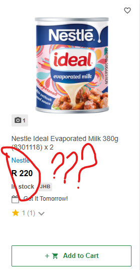 craftbeer_sa's tweet photo. Really @TAKEALOT R220 for 2 cans of @NestleCare @Nestle #Ideal #evaporated Milk? https://t.co/LZoQtnogqo