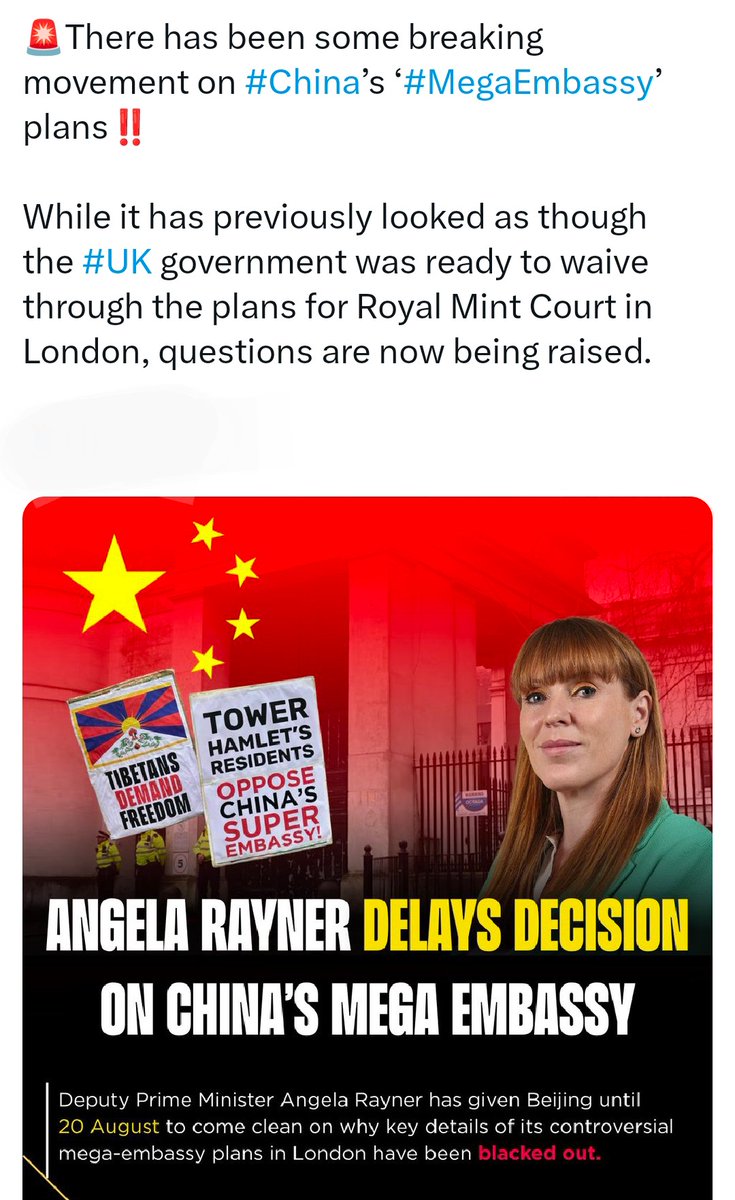 #China་ཀྱི་"#MegaEmbassy་"འཆར་གཞིར་གནས་ཚུལ་གལ་ཆེན་ཁ་ཤས་བྱུང་ཡོད། !️

དེའི་སྔོན་ལ་བལྟས་ན་#UK་སྲིད་གཞུང་གིས་ལུན་ཏུན་གྱི་གོང་མའི་ཁྱིམ་གྱི་དངུལ་ལོར་བཟོ་གྲྭའི་འཆར་གཞི་འདོར་རྩིས་བྱེད་ཀྱི་ཡོད་ནའང་ད་ལྟ་མི་ཁ་ཤས་ཀྱིས་གནད་དོན་བཏོན་འདུག
<a href="/Jingjing_Li/">Li Jingjing 李菁菁</a> <a href="/ShengXue_ca/">盛雪SHENG Xue</a> <a href="/jenniferzeng97/">Inconvenient Truths by Jennifer Zeng</a> 
#UK #China