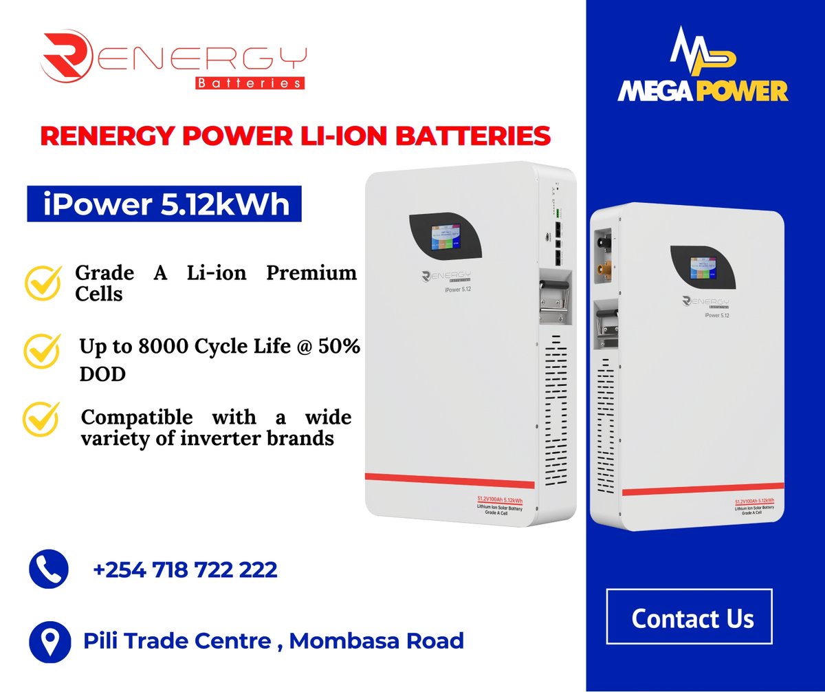MegapowerGlob's tweet image. The Renergy iPower 5.12kWh Wall-Mount Battery 
 ✅ Up to 6000 cycles 
 ✅ Wide compatibility with inverters
 ✅ Scalable up to 16 units
#RenergyPower  #SmartEnergyStorage #SolarKenya #NoMoreBlackouts #Power  
For Inquiries:
+254 718 722222
wa.me/message/LBTMP7…