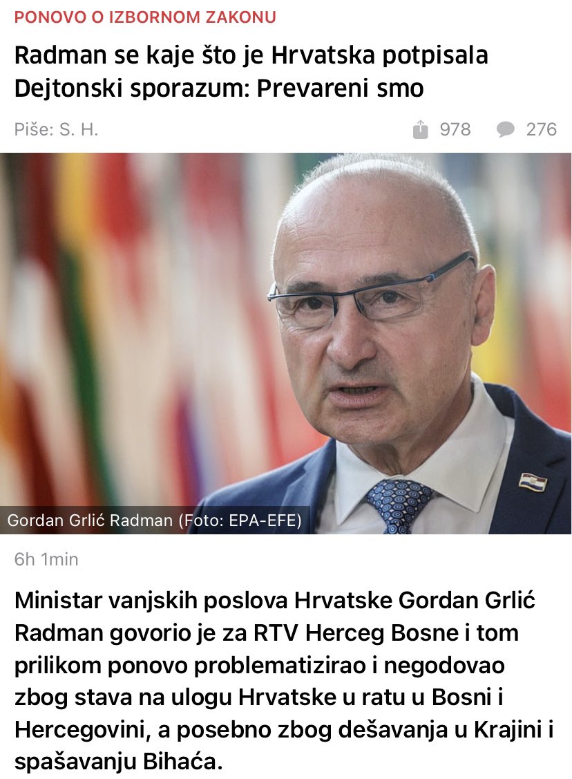 Alongside Hungary, Croatia remains steadfast in its support for Bosnian Serb secessionist Dodik. 

Following comments by Zagreb’s FM saying Croatia regrets signing the Dayton Agreement, Dodik approvingly cites the same comment, concurs Dayton a “mistake”. 

Incredible.