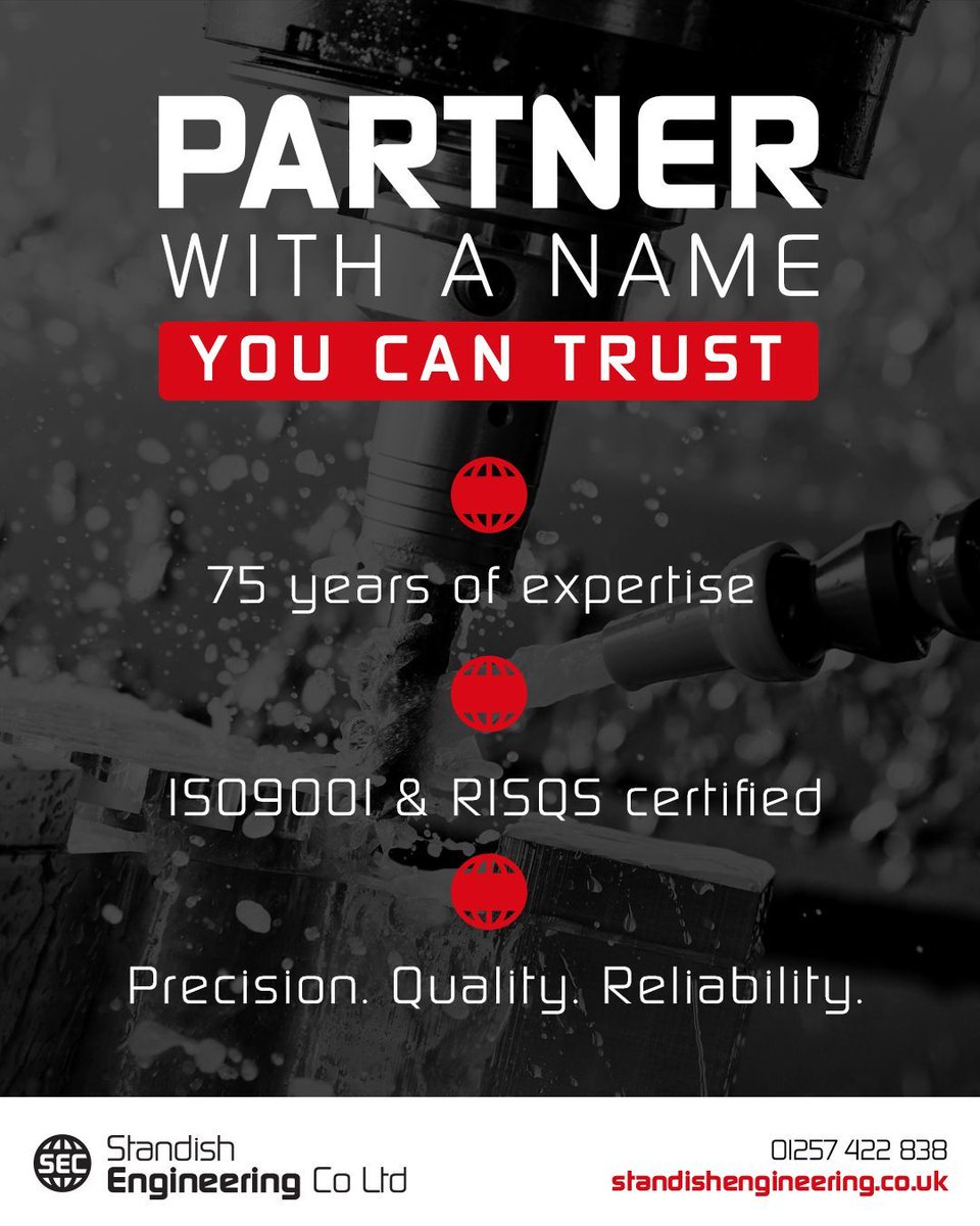 Standish Engineering Company Ltd (@standish_eng) on Twitter photo Why choose Standish Engineering?
✅ 75 years of expertise
✅ ISO9001 & RISQS certified
✅ Precision. Quality. Reliability.
Partner with a name you can trust:
📞 01257 422 838
📧 info@cnc-machining.co.uk
🌍 standishengineering.co.uk
#Whychooseus #EngineeringTrust Why choose Standish Engineering?
✅ 75 years of expertise
✅ ISO9001 & RISQS certified
✅ Precision. Quality. Reliability.
Partner with a name you can trust:
📞 01257 422 838
📧 info@cnc-machining.co.uk
🌍 standishengineering.co.uk
#Whychooseus #EngineeringTrust