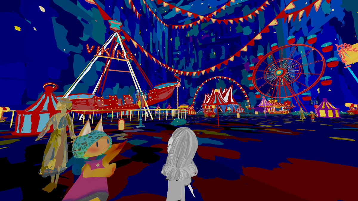 サイケで毒々しい色使いだけど、Tilt Brush（だっけ？）ならではの手作りタッチが優しい雰囲気を作ってる。ステキ空間だ！

World:SaRaN WoRlD
by:SaRaN_vrartist

#VRChat_world紹介 #VRChatPhotographer #VRChatPhotography #VRChat