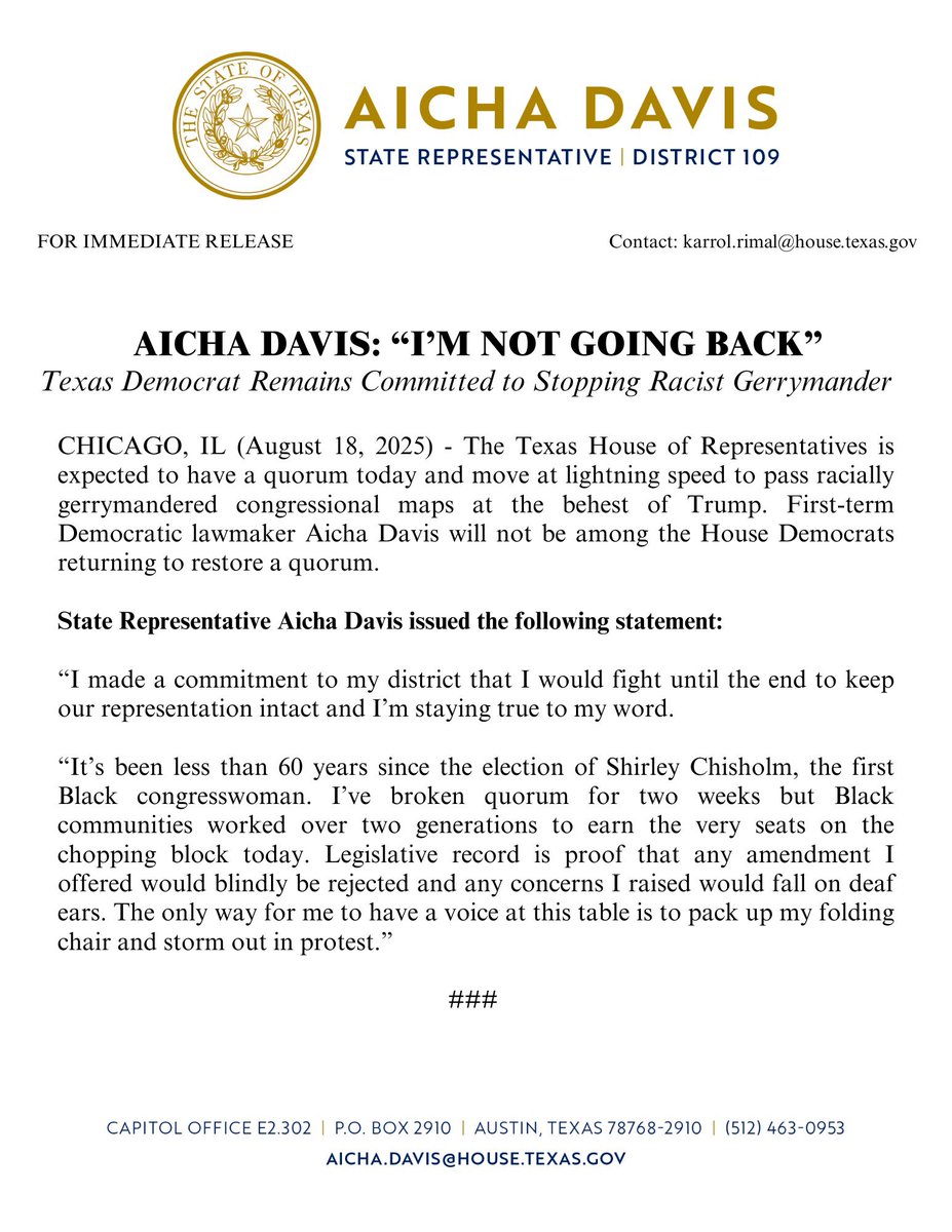 AichaForTexas's tweet photo. Actions speak louder than words.

I promised to fight these maps til the end — and I meant that. I’m not going back. #txlege https://t.co/NtlFtE93Yx