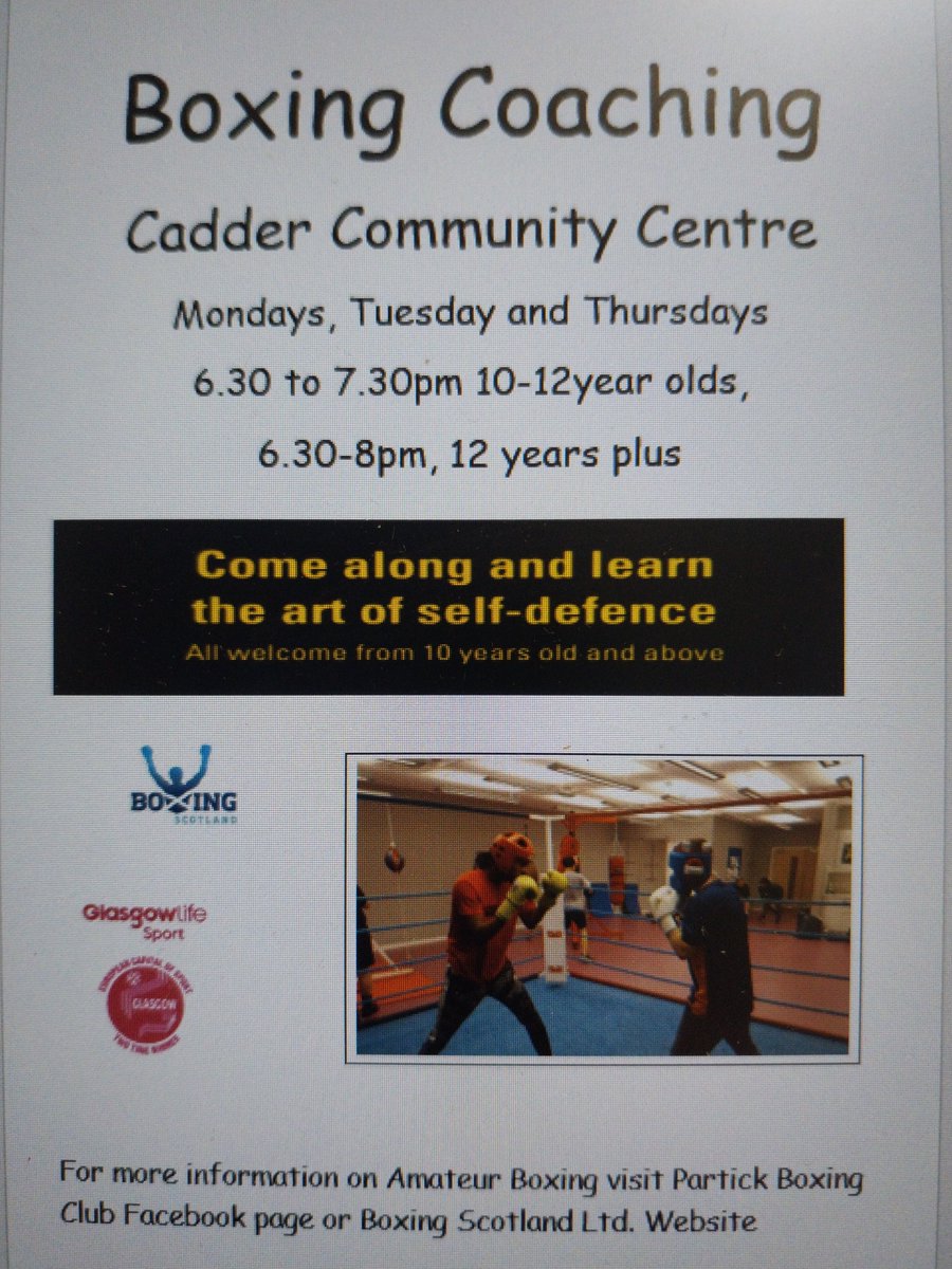PartickBoxing's tweet image. Boxing starts back this week at Cadder Community Centre. New and old members welcome. @ASGJPAbercorn @ASGHyndland @ASGCleveden @ASGGaelicHH @CadderPrimary @Cleveden_PE @johnpaulacademy @Caldercuilt @maryhill
