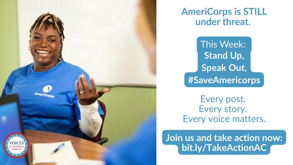 Voices4Service's tweet photo. 🚨 @AmeriCorps is facing unprecedented threats – we’re speaking out!
All week, we’ll share stories, stats, and actions you can take to #SaveAmeriCorps. Join us to help protect #NationalService:
👉 https://t.co/doHJzTboJe #Stand4Service https://t.co/l3gHEBetgX