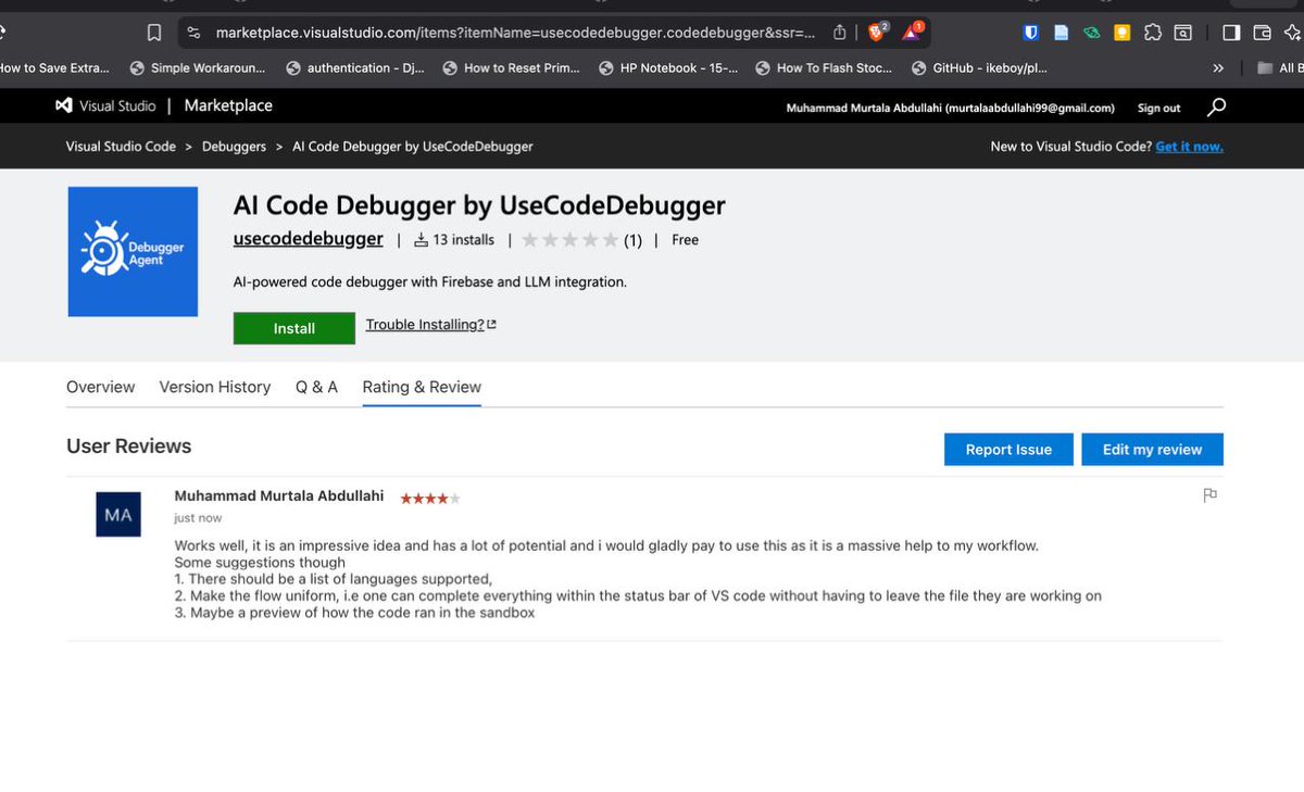 inspiratibiz's tweet image. Got our first review just a few days after launching our VS Code AI debugger extension! 🚀

​19 installs and 1 review—things are getting real. Can&apos;t wait to see how more people use and feel about it!
​Check it out:  link 👇👇 

#vscode #debugger
