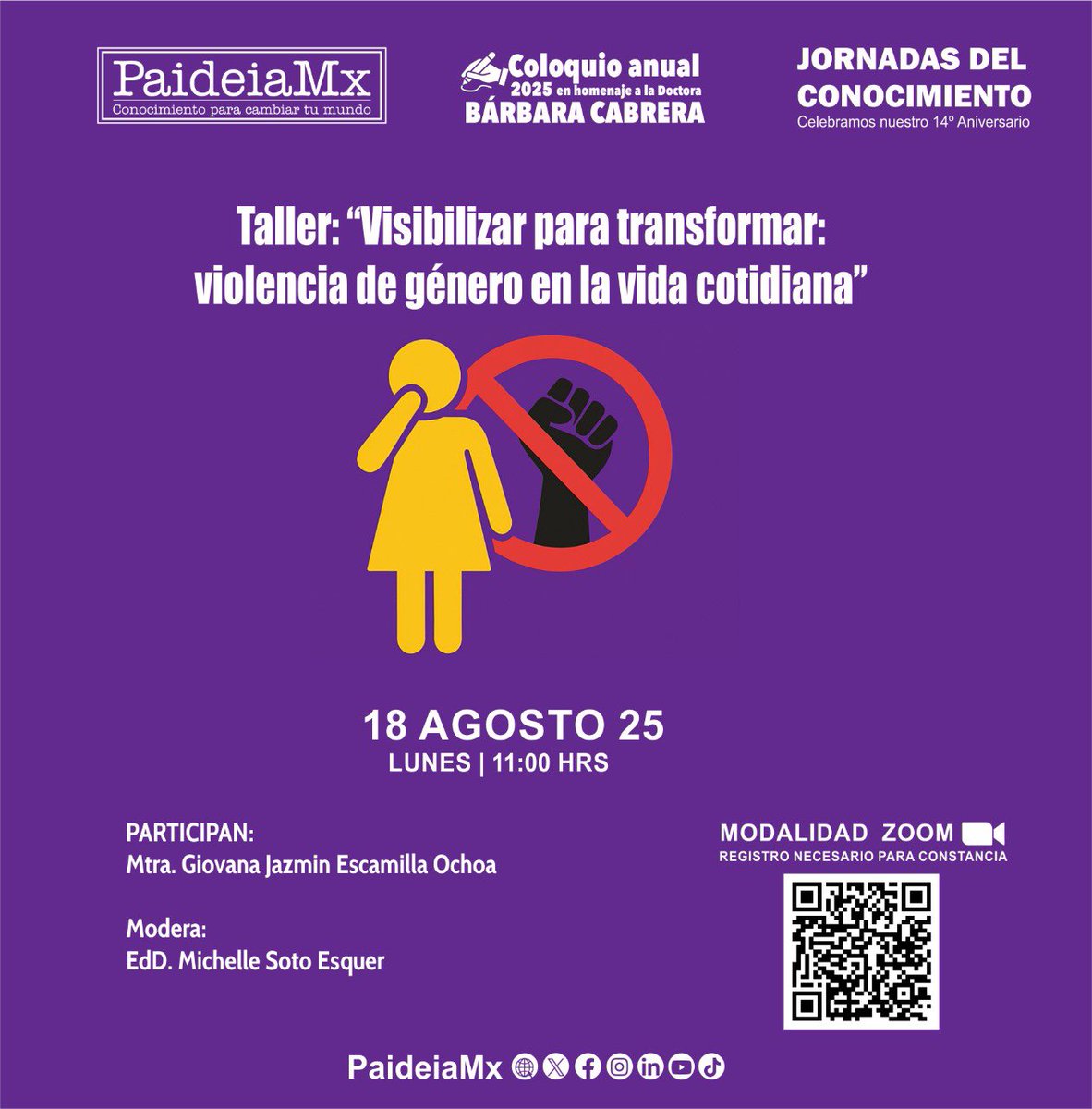 Te invitamos a las “Jornadas del Conocimiento” participa en el Taller: “Visibilizar para transformar: violencia de género en la vida cotidiana”
 
El registro es gratuito, pero necesario para obtener constancia de asistencia.
   forms.gle/uJ3oSZi6ibBZ5S…