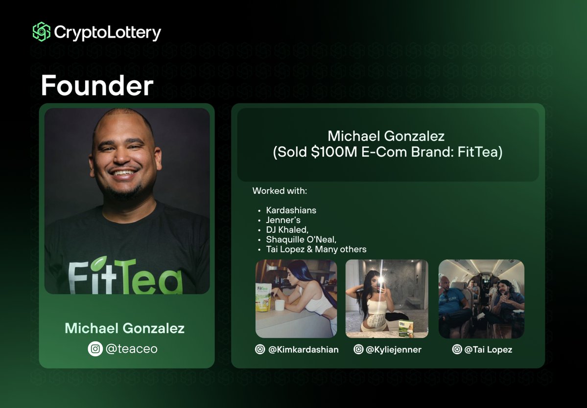 Crypto Lottery (@cryptolotteryx) on Twitter photo This was our founders first company.
FitTea ($100M Company) 💚
CryptoLottery is his Legacy company.
& you can own a part of it.🤝
(no we aren't a team of 16yo's in their moms basement)
<a href="/KimKardashian/">Kim Kardashian</a> <a href="/KylieJenner/">Kylie Jenner</a> <a href="/tailopez/">Tai Lopez</a> This was our founders first company.
FitTea ($100M Company) 💚
CryptoLottery is his Legacy company.
& you can own a part of it.🤝
(no we aren't a team of 16yo's in their moms basement)
<a href="/KimKardashian/">Kim Kardashian</a> <a href="/KylieJenner/">Kylie Jenner</a> <a href="/tailopez/">Tai Lopez</a>