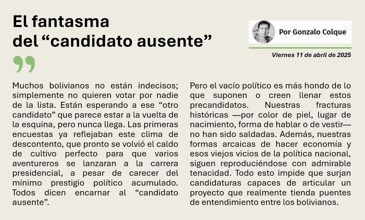 Los indecisos dieron la victoria a <a href="/Rodrigo_PazP/">Rodrigo Paz Pereira</a>  y Cap Lara. El sector popular de La Paz, El Alto, provincias, Cochabamba y Santa Cruz pueblo.
¿Por qué? Es un voto de contrapeso, una reacción frente al avance de la derecha. Apareció el "candidato ausente" shorturl.at/4LinT
