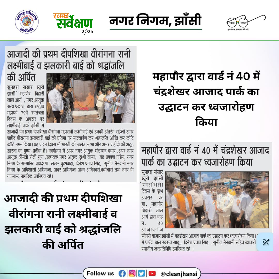 CleanJhansi's tweet image. आजादी की प्रथम दीपशिखा वीरांगना रानी लक्ष्मीबाई व झलकारी बाई को श्रद्धांजलि की अर्पित|
महापौर द्वारा वार्ड नं 40 में चंद्रशेखर आजाद पार्क का उद्घाटन कर ध्वजारोहण किया|
@aksharmaBharat
@narendramodi
@HardeepSPuri
@MoHUA_India
@CMOfficeUP
@myogiadityanath
@ChiefSecyUP
#SHS2024