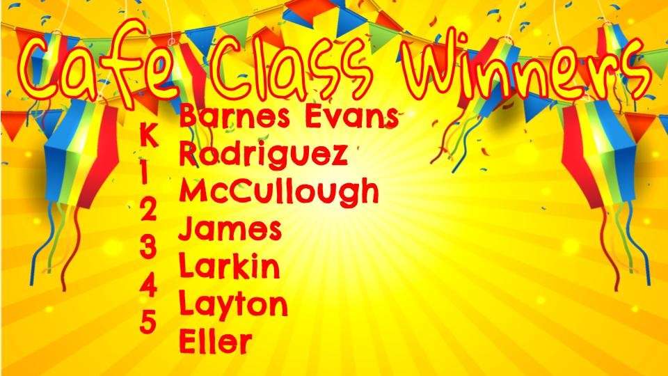 Congratulations to our Cafe Winners of the Week; students in these homerooms showed BRAVE behavior during lunch - respectful in line, responsible for their area, and courteous during the music.