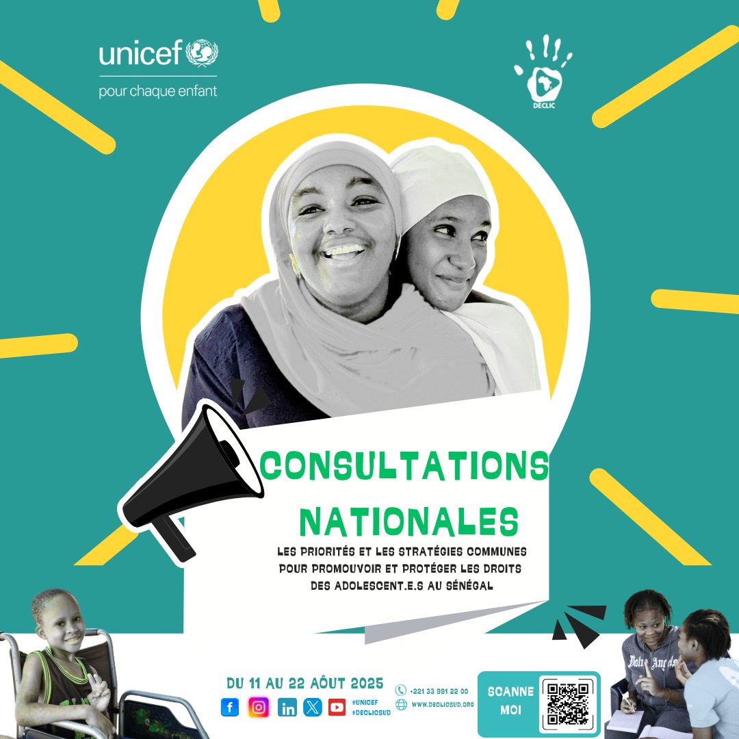 Tu as entre 10 et 19 ans?
Ta voix compte ! 📢
Donne ton avis dès maintenant en cliquant sur ce lien et participe aux CONSULTATIONS NATIONALES 🗣️
 des adolescent·e·s au Sénégal. <a href="/unicefsenegal/">UNICEF Sénégal</a>
ee.kobotoolbox.org/x/17RejGbQ
#Unicef #DeclicSud #consultationnationale #ados #Senegal