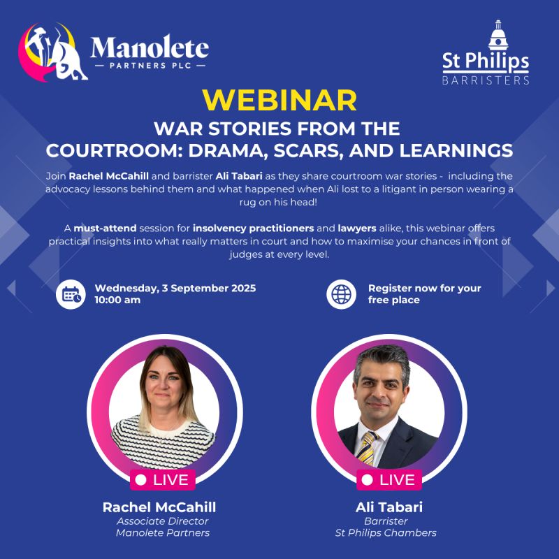 Manolete Partners Plc (@manoleteplc) on Twitter photo We’re pleased to invite you to a free live webinar on 3 Sept at 10:00 hosted by @ManoletePlc and <a href="/stphilips/">St Philips Chambers</a>. Join Rachel McCahill and Ali Tabari as they share real courtroom experiences. #insolvency
𝗥𝗲𝗴𝗶𝘀𝘁𝗲𝗿 here: lnkd.in/d93DnRcP We’re pleased to invite you to a free live webinar on 3 Sept at 10:00 hosted by @ManoletePlc and <a href="/stphilips/">St Philips Chambers</a>. Join Rachel McCahill and Ali Tabari as they share real courtroom experiences. #insolvency
𝗥𝗲𝗴𝗶𝘀𝘁𝗲𝗿 here: lnkd.in/d93DnRcP
