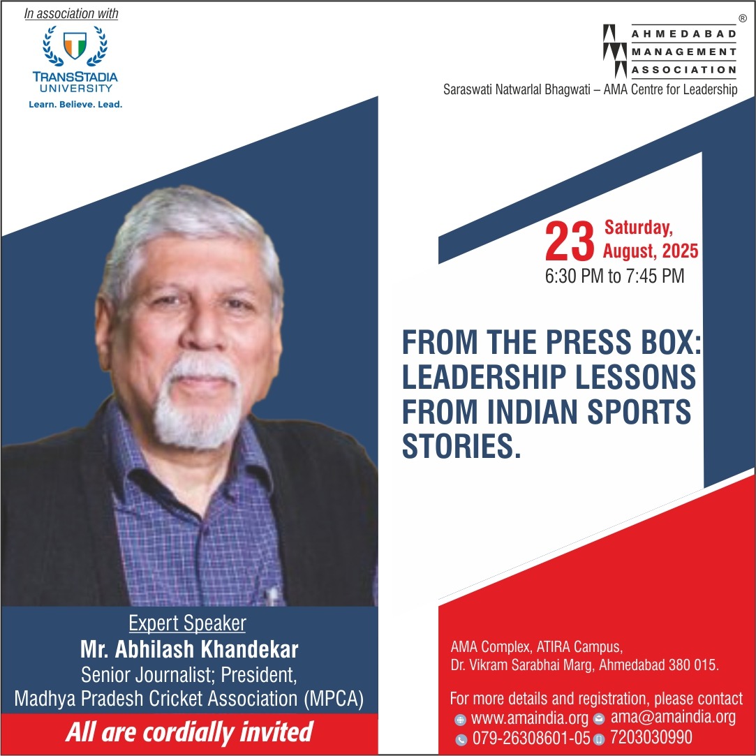 Register Now: amaindia.org/ama-events-pro…

Join us at AMA on Saturday, 23rd August 2025, from 6:30 PM to 7:45 PM for an engaging session with Mr. Abhilash Khandekar, Senior Journalist and President of the Madhya Pradesh Cricket Association. In his talk “From the Press Box: Leadership