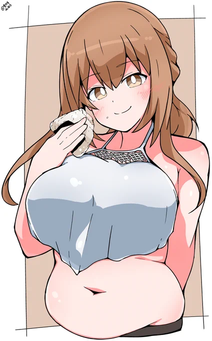 お米の日なので小結さんを描きましたが、おにぎりは持たせるとして、なんか涼しげな格好がいいなって思って水着着せたらなんで貴女水着でおにぎり食ってんの小結さんってなったけどまあいいやお米食べようぜ( 'ω') #アリスギアお絵かき