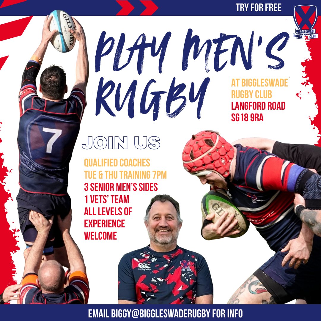 🔵🔴 NEW PLAYERS WELCOME 🔴🔵
The new season is amost here and Biggleswade's senior men are getting rugby ready!
Biggy has 3 senior men's sides and a vets' team, and training is Tue and Thu from 7pm. New players/returners always welcome. No experience needed. 
#Biggleswade #rugby