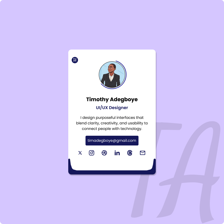 Timotheous_Ade's tweet photo. Sharing my Profile Card design from the @TechCrushHQ  program under the guidance of @JoshOpaleke, and @Akindepraise_ 
 — a compact, user-centred component that shows how minimal details can deliver a strong visual impact. #UIDesign #UXDesign #techcrushhq https://t.co/MQvvDwTFfp
