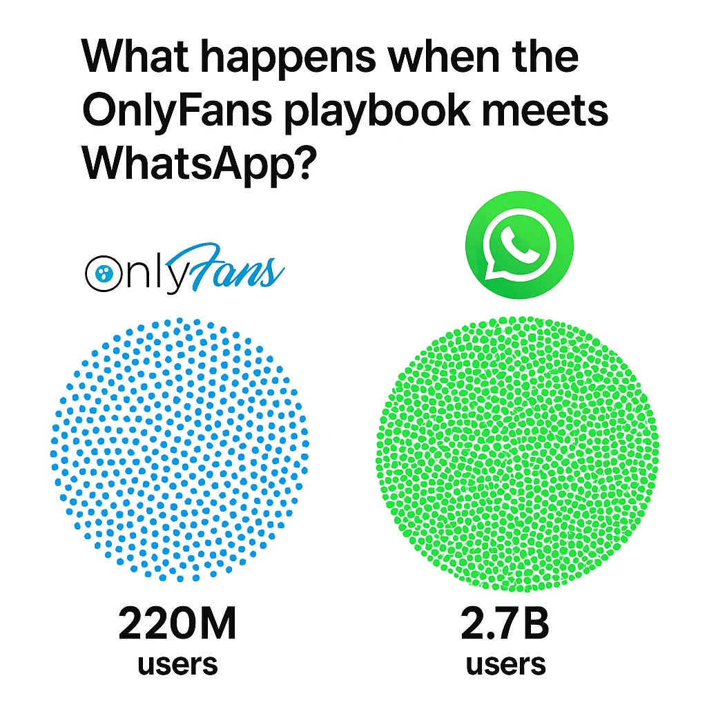 fanbot_hq's tweet image. 4 million creators on OnlyFans produce content for 220 million users. What would happen if people could easily  send pay-to-unlock content on WhatsApp? 

The biggest creator economy might be hiding in plain sight.