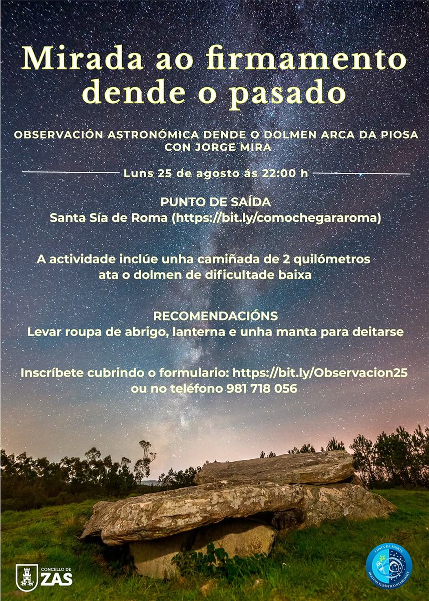 Mirada ao firmamento dende o pasado

O 25 de agosto, o dolmen da Arca da Piosa converterase nun observatorio especial.

📍 Actividade de balde con inscrición previa: bit.ly/Observacion25 ou ☎️ 981 718 056

#DestinoStarlight #CostadaMorte #Galicia #VisitaZas