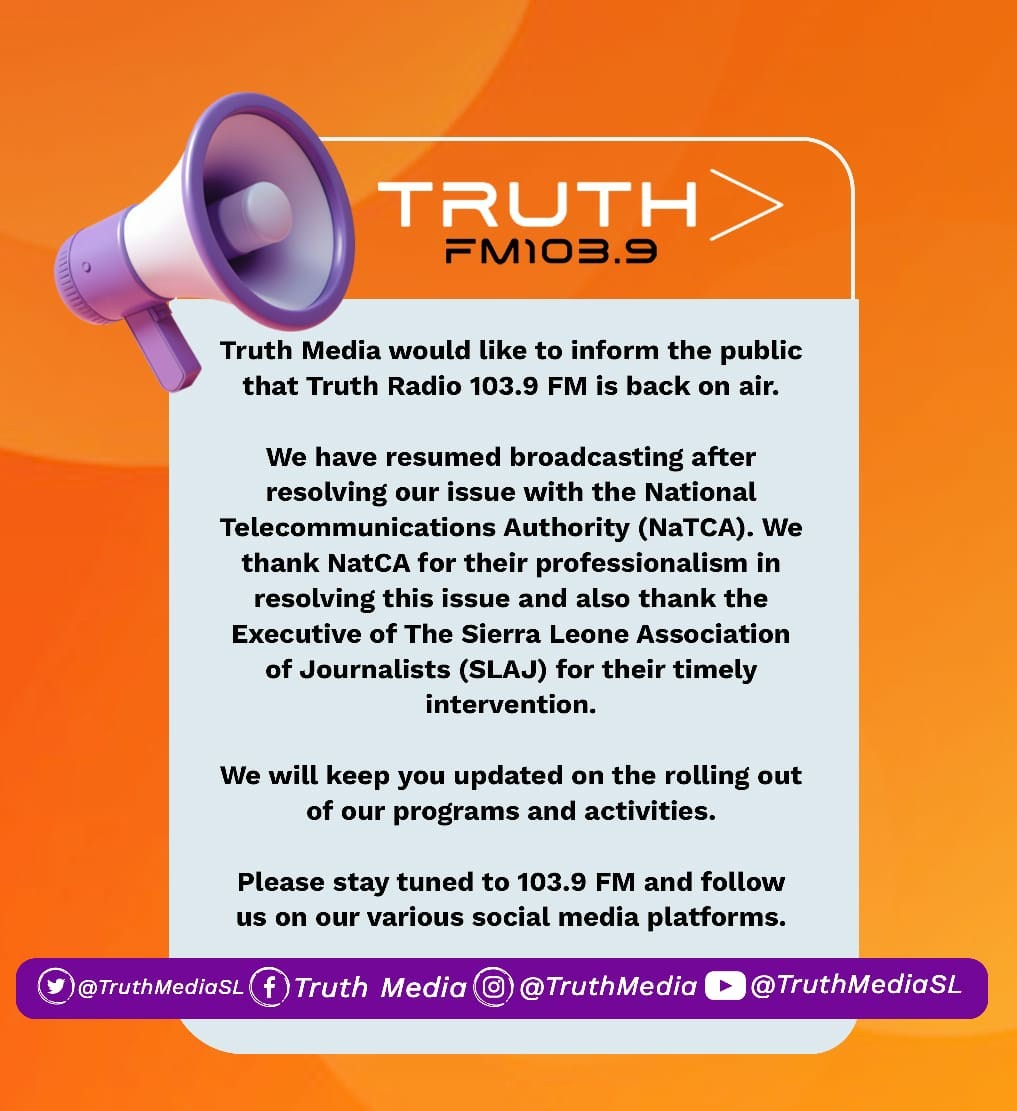 SIERRAEYESALONE (@sierraeyesalone) on Twitter photo We are delighted to hear that Truth FM 103.9 is back on air. Congratulations on resuming your broadcasts. We wish you continued success in your programmes and look forward to tuning in. <a href="/LamranaAmadu/">Amadu Lamrana Bah</a> #SierraLeone #SaloneX We are delighted to hear that Truth FM 103.9 is back on air. Congratulations on resuming your broadcasts. We wish you continued success in your programmes and look forward to tuning in. <a href="/LamranaAmadu/">Amadu Lamrana Bah</a> #SierraLeone #SaloneX