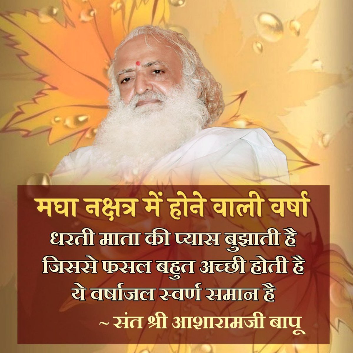 Sant Shri Asharamji Bapu~ Magha Nakshatra का जल Amrit Jal के समान होता है।
अत: इसका जल इकट्ठा करके रखना चाहिए, क्योंकि मघा के बरसे, माता के परसे। 
अर्थात बालक का पेट तभी भरता है जब माता भोजन कराती है, ऐसे ही मघा नक्षत्र की वर्षा धरती माता की प्यास बुझाती है।
#BenefitsForAll