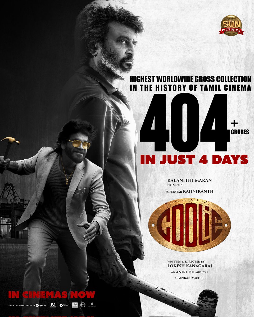 Annapurna Studios (@annapurnastdios) on Twitter photo Coolie Rule is unstoppable! 😎
#Coolie becomes the Highest worldwide gross collection in the history of Tamil Cinema with 404+ crores in just 4 days! 🔥⚡
#Coolie ruling in theatres worldwide🌟
<a href="/rajinikanth/">Rajinikanth</a> <a href="/iamnagarjuna/">Nagarjuna Akkineni</a> <a href="/Dir_Lokesh/">Lokesh Kanagaraj</a> <a href="/anirudhofficial/">Anirudh Ravichander</a> #AamirKhan <a href="/nimmaupendra/">Upendra</a> Coolie Rule is unstoppable! 😎
#Coolie becomes the Highest worldwide gross collection in the history of Tamil Cinema with 404+ crores in just 4 days! 🔥⚡
#Coolie ruling in theatres worldwide🌟
<a href="/rajinikanth/">Rajinikanth</a> <a href="/iamnagarjuna/">Nagarjuna Akkineni</a> <a href="/Dir_Lokesh/">Lokesh Kanagaraj</a> <a href="/anirudhofficial/">Anirudh Ravichander</a> #AamirKhan <a href="/nimmaupendra/">Upendra</a>