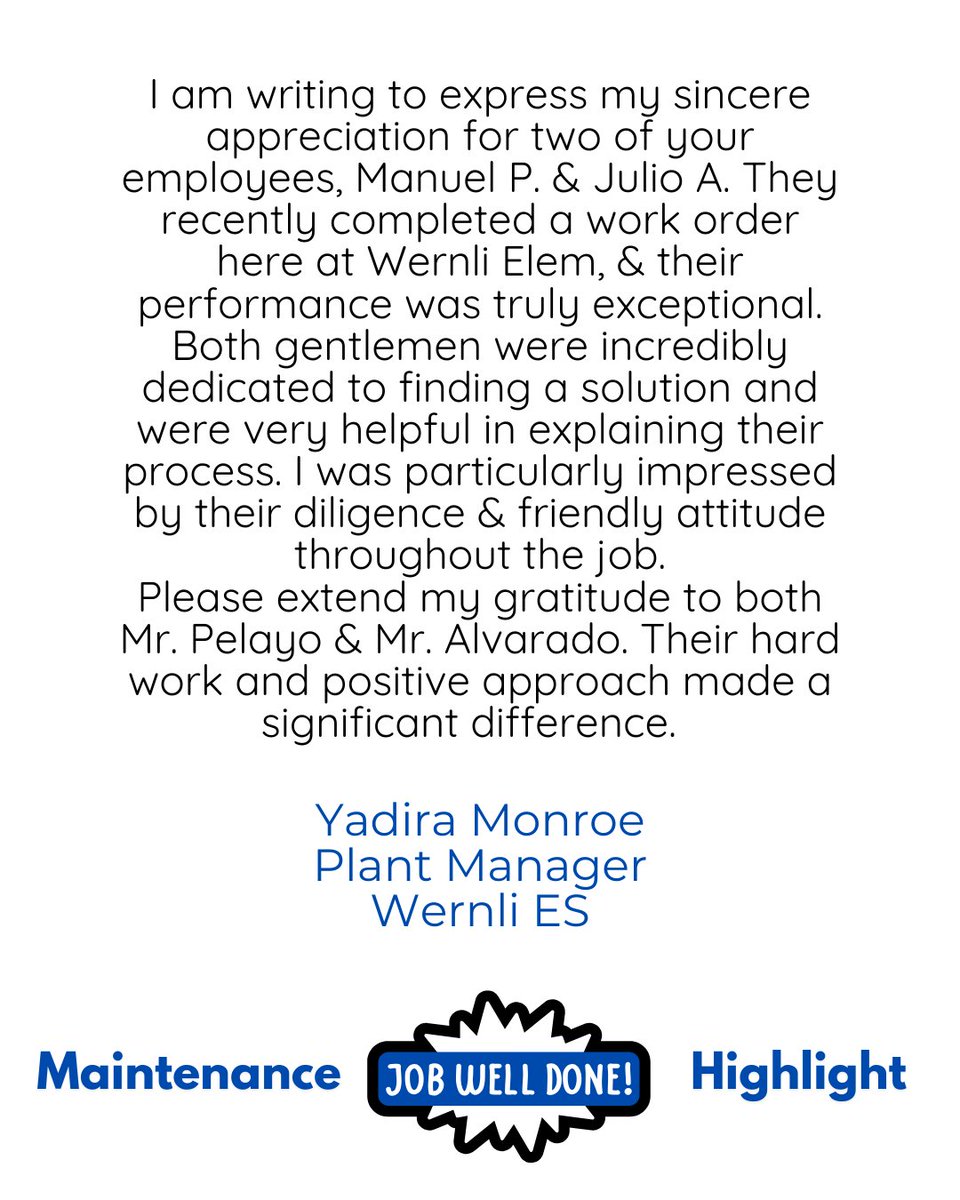 NISD_Maint's tweet photo. Thank you, Ms. Monroe, for the kind words on our #nisdmaintenance plumbers, Manuel and Julio.
#teamnorthside #northsideisd #nisdunstoppable https://t.co/iE1PaRtZLc