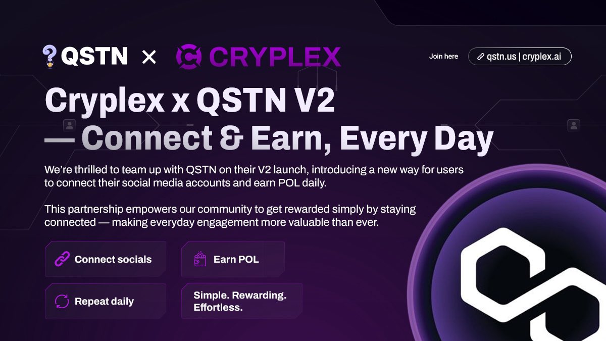 QSTN (@qstnus) on Twitter photo 🚀 Beta Access: Cryplex x QSTN 🚀
We’ve partnered with <a href="/CryplexAI/">Cryplex AI</a> to increase $POL rewards in V2 — more for you to claim just by connecting your socials.
🔗 data-earn.qstn.us
Rules:
1️⃣ Connect socials
2️⃣ Earn points
3️⃣ Redeem $POL
#Web3 #Airdrop #NFTs 🚀 Beta Access: Cryplex x QSTN 🚀
We’ve partnered with <a href="/CryplexAI/">Cryplex AI</a> to increase $POL rewards in V2 — more for you to claim just by connecting your socials.
🔗 data-earn.qstn.us
Rules:
1️⃣ Connect socials
2️⃣ Earn points
3️⃣ Redeem $POL
#Web3 #Airdrop #NFTs