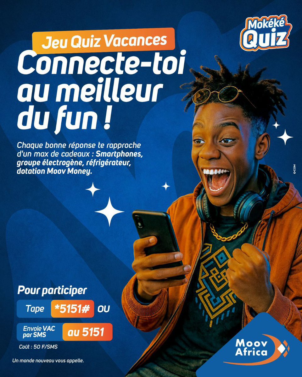 moovafricatg's tweet image. Tchalé, participe au Mokéké Quiz dès maintenant !

Des dotations #MoovMoney de 25.000F à la clé chaque semaine.

Inscris-toi vite GRATUITEMENT via *5151# ou envoie VAC par SMS au 5151, teste tes connaissances et tente de remporter plein de lots incroyables.

Coût : 50F/SMS