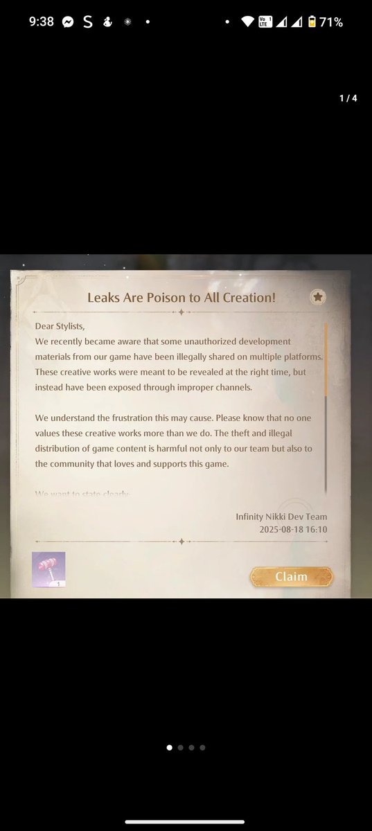 desu_dawn's tweet photo. Putting this shit in your game is fucking embarrassing. Hoyo never did this with genshin. Sure they'd sue leakers to oblivion but never put propaganda in their game to generate fake outrage over leaks.

Nikki would be ashamed. https://t.co/MhF61tSbbq