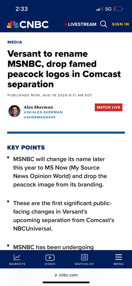 This move by <a href="/VersantMedia/">VERSANT</a> to rebrand @MSNBC will go down in the marketing Hall of Fame screwups alongside <a href="/dunkindonuts/">Dunkin'</a> dropping “donuts” and <a href="/hbomax/">HBO Max</a> dropping Max. The peacock is globally recognizable without words. Destroying value already.