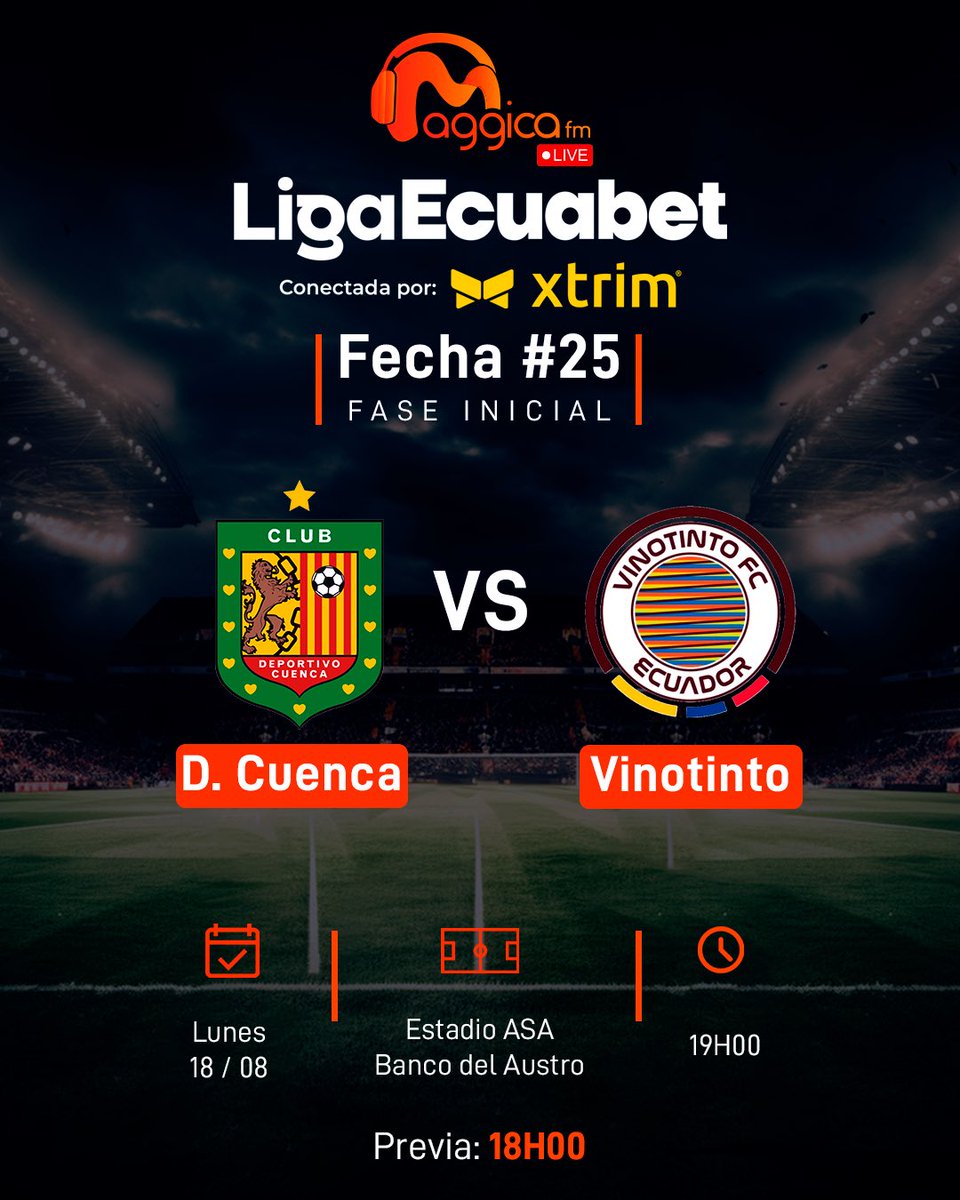 ⚽🔥 ¡El último duelo de la Fecha 25!

#DeportivoCuenca 🔴⚫ recibe a #VinotintoFC 🔴⚪ en el ASA 🏟️ por la #LigaEcuabet 🏆

📻 Previa: 18h00 | Partido: 19h00 por Maggica FM 92.1 🎤🧡🖤