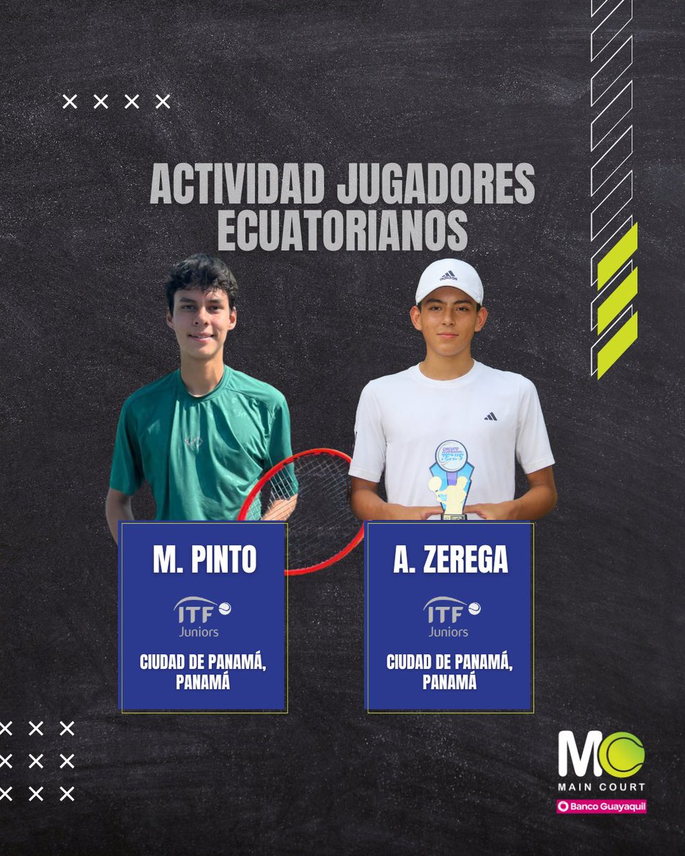 Main Court (@maincourt_ec) on Twitter photo ¡Así será la actividad de los tenistas ecuatorianos por el mundo esta semana! 🚀
Presentamos las distintas competencias en la que estarán nuestros ‘tricolores’. ¡El mejor de los éxitos para todos! 🙌🏼
#MainCourtEC 🎾
<a href="/BancoGuayaquil/">Banco Guayaquil</a> ¡Así será la actividad de los tenistas ecuatorianos por el mundo esta semana! 🚀
Presentamos las distintas competencias en la que estarán nuestros ‘tricolores’. ¡El mejor de los éxitos para todos! 🙌🏼
#MainCourtEC 🎾
<a href="/BancoGuayaquil/">Banco Guayaquil</a>
