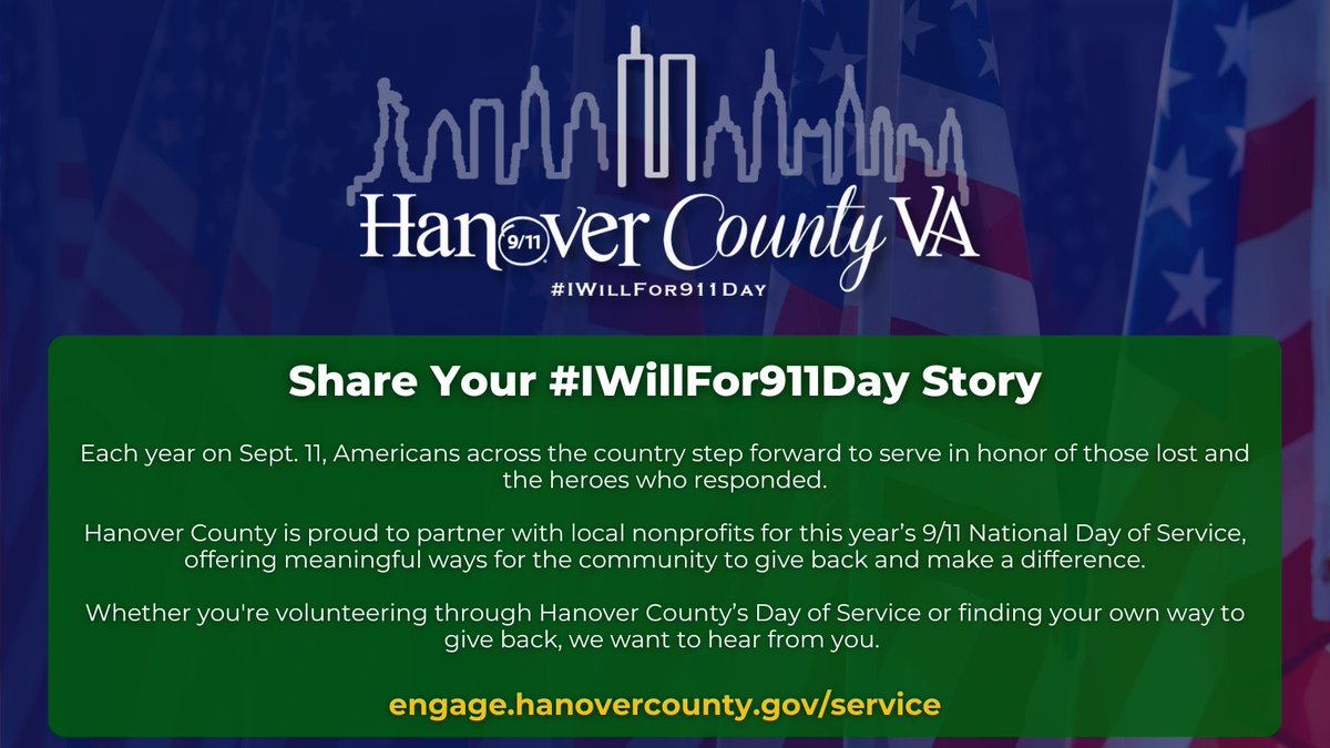Each year on September 11, Americans step forward to serve — honoring the lives lost and the heroes who responded.

Every act of service strengthens our community. Share your #IWillFor911Day photos, stories and reflections at engage.hanovercounty.gov/service. 

#HanoverVA