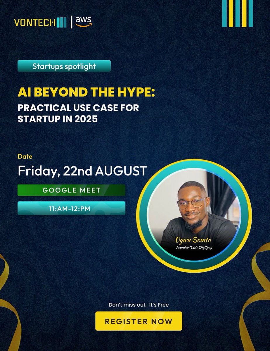 Vontechgroup's tweet image. 🚀 Startup Spotlight: @digitpayfinance 

Hear founder @ugwusomtooo share how Digitpay is transforming crypto payments with AI at AI Beyond the Hype (hosted by Vontech x AWS).

📅 Aug 22 | 🕚 11AM WAT | 📍 Google Meet

🎟 lu.ma/uys0w7wg

#digitpay #aiforstartups #aws