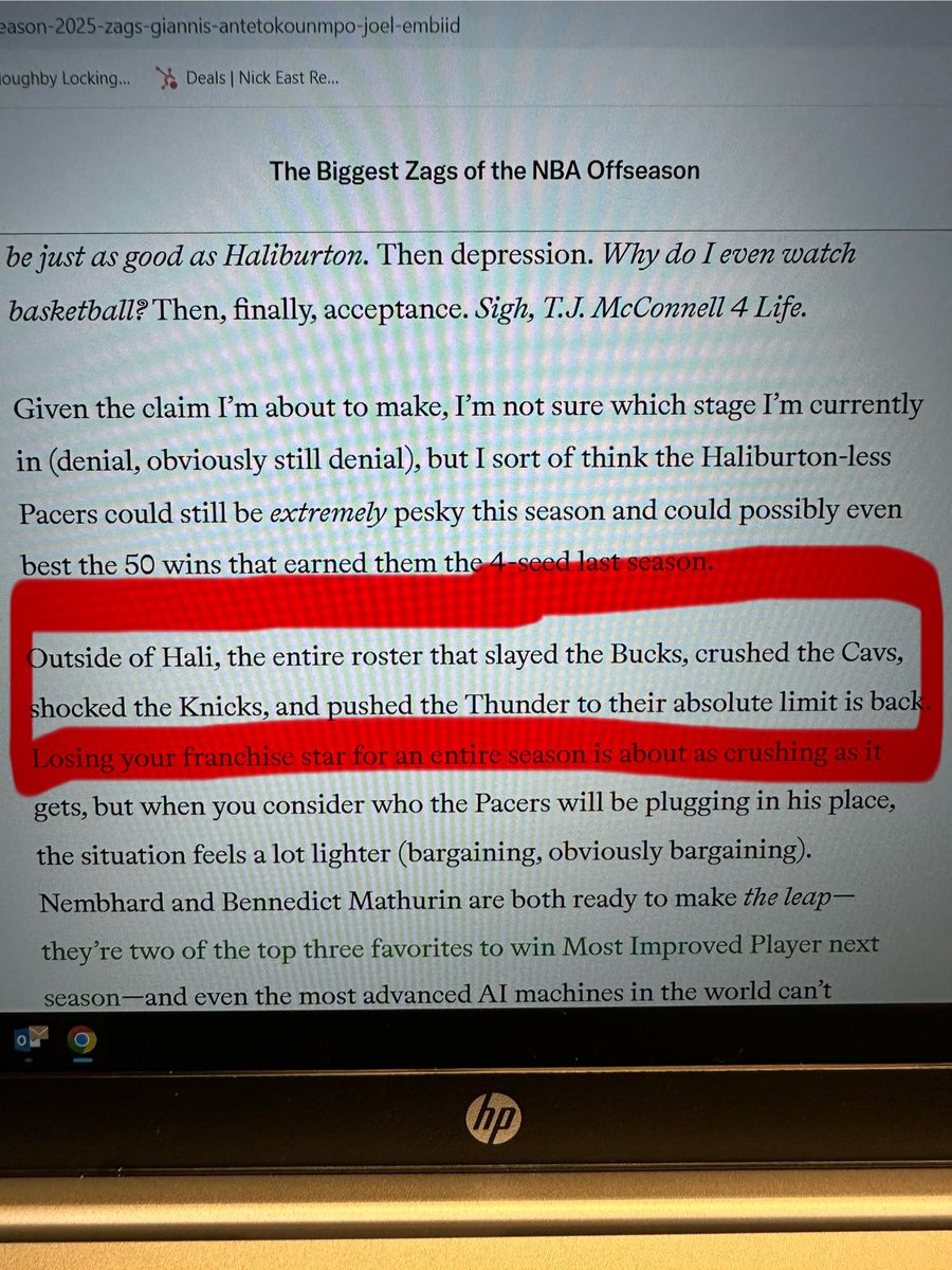 ngriff314's tweet photo. @ringer In this very same article, you mention Myles turner’s move to Milwaukee, and then say the entire pacers roster is back sans Haliburton. It appears you may have forgotten the Pacers will be without 40% of last years finals starting lineup, not 20%. https://t.co/I4PNtb1QU6