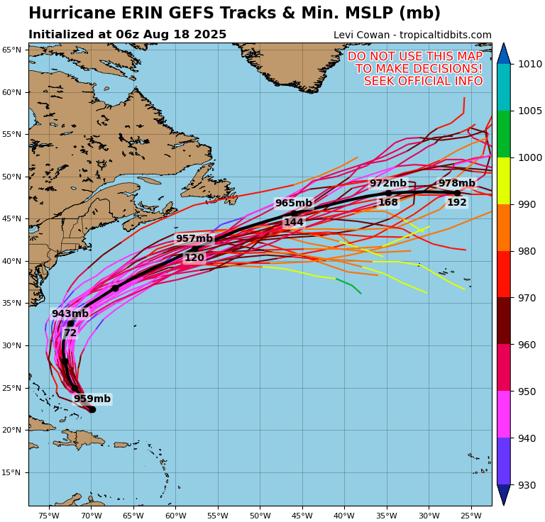 WeatherToday2's tweet photo. With these members alone, you can already expect significant impacts to the OBX. However, models continue to slow to timing of the trough, allowing #Erin to creep further west. The more west the storm goes, even barely, impacts significantly increase. Not the best situation. https://t.co/OvbF0naVzG