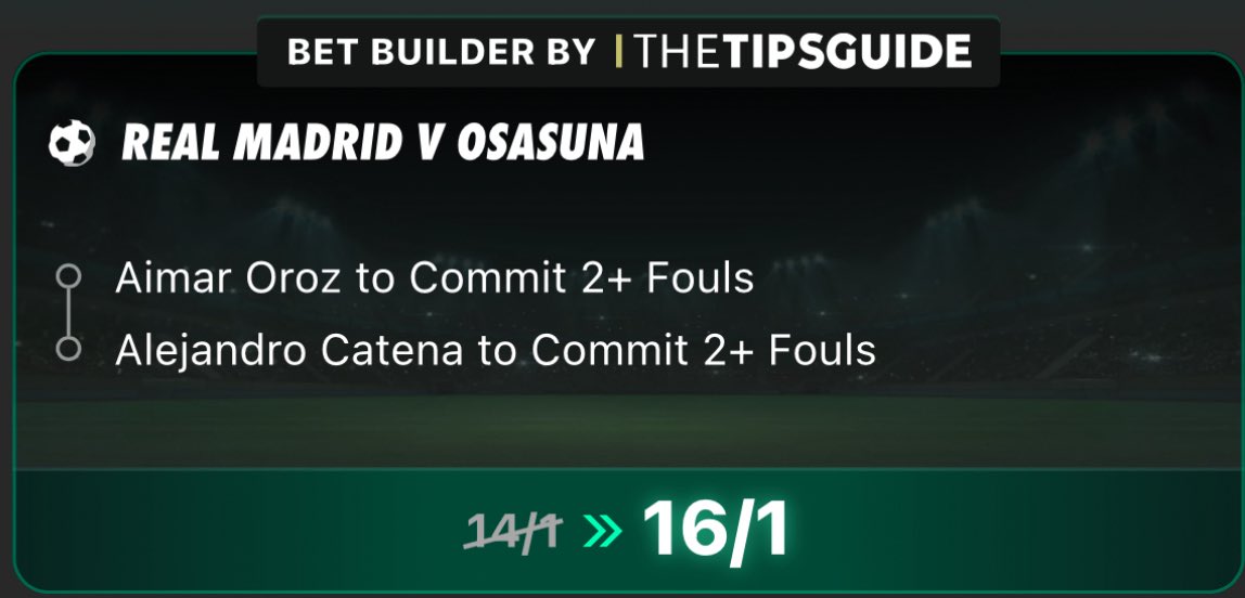 thetipsguide's tweet photo. 16/1 Tuesday Fouls Double Boost! 🤞🏼

‼️ This is less than 3/1 with some bookies ‼️ 

Load to your slip...

Here 👉 https://t.co/6lCMenW7Ai

Price subject to change.

18+ https://t.co/I7793XHtYh #AD T&amp;Cs apply https://t.co/5TzijgXXiL